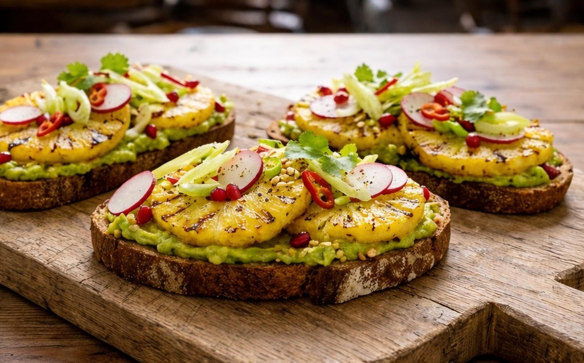 Rustiek desembrood met Guacamole Spread, Gegrilde Ananas en Radijs