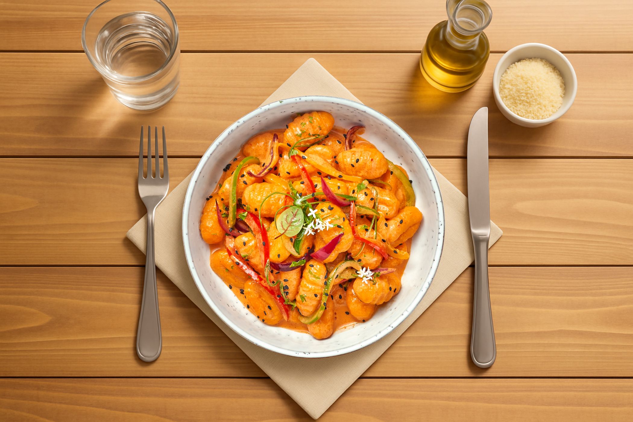 Gnocchi in romige Gochujangsaus met paprika, courgette en sesam