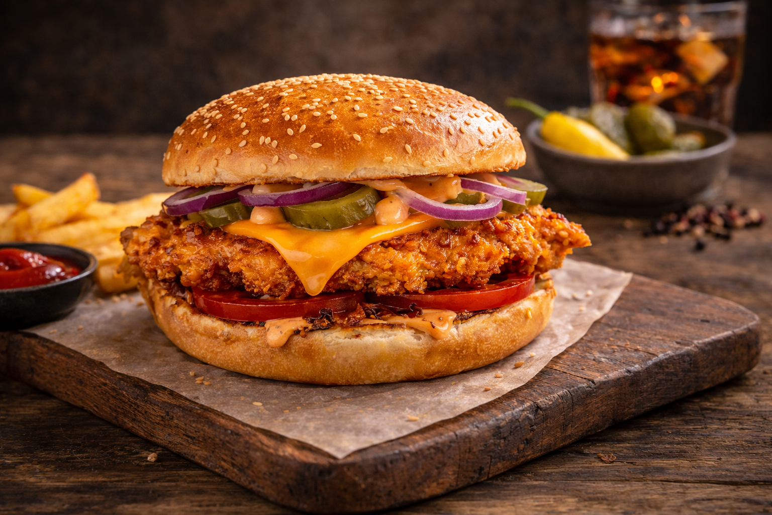 Knapperige kipburger deluxe met pittige paprikaolie