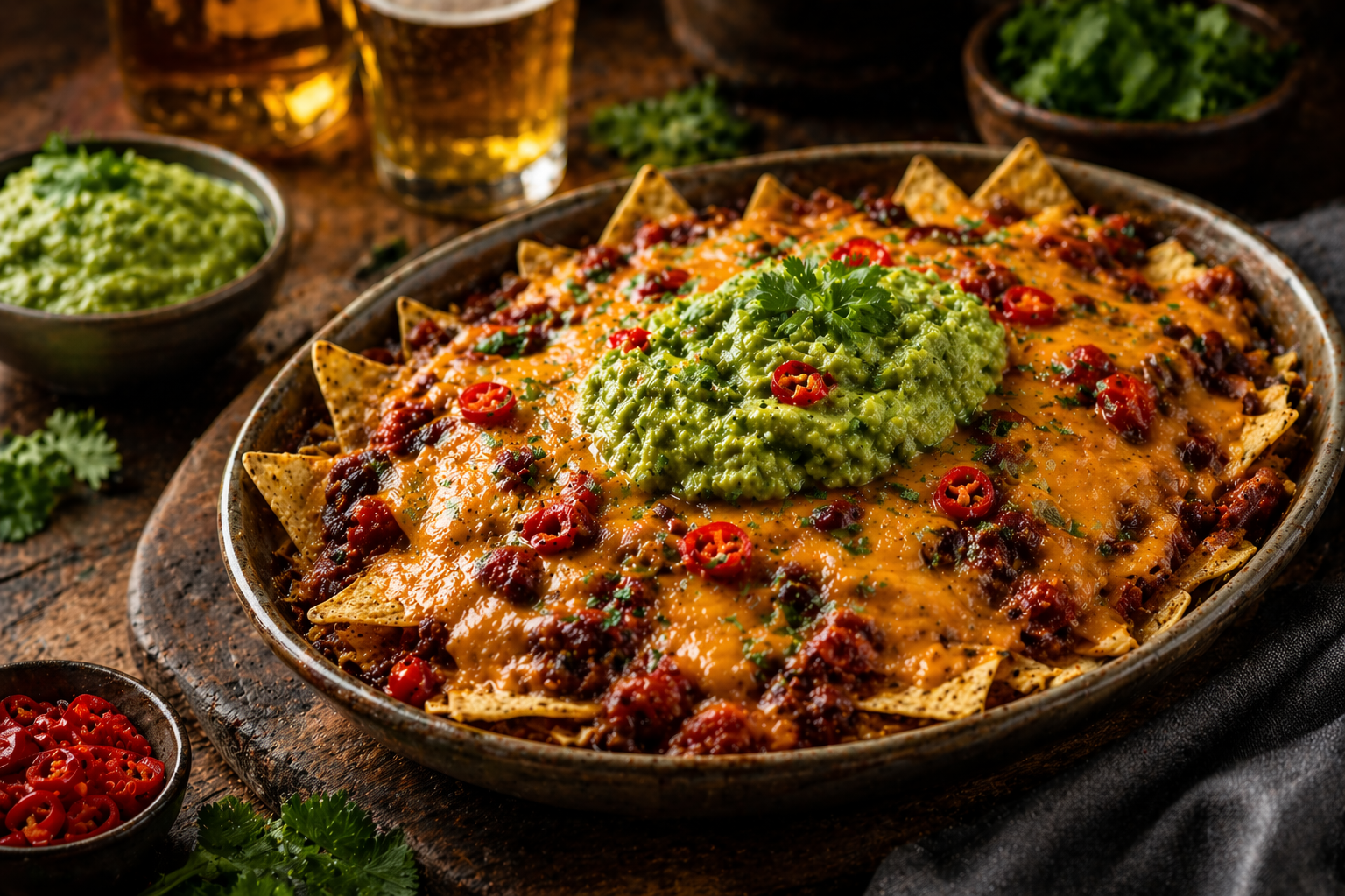 Loaded Nacho’s met Chili Sin Carne en Gesmolten Cheddar 