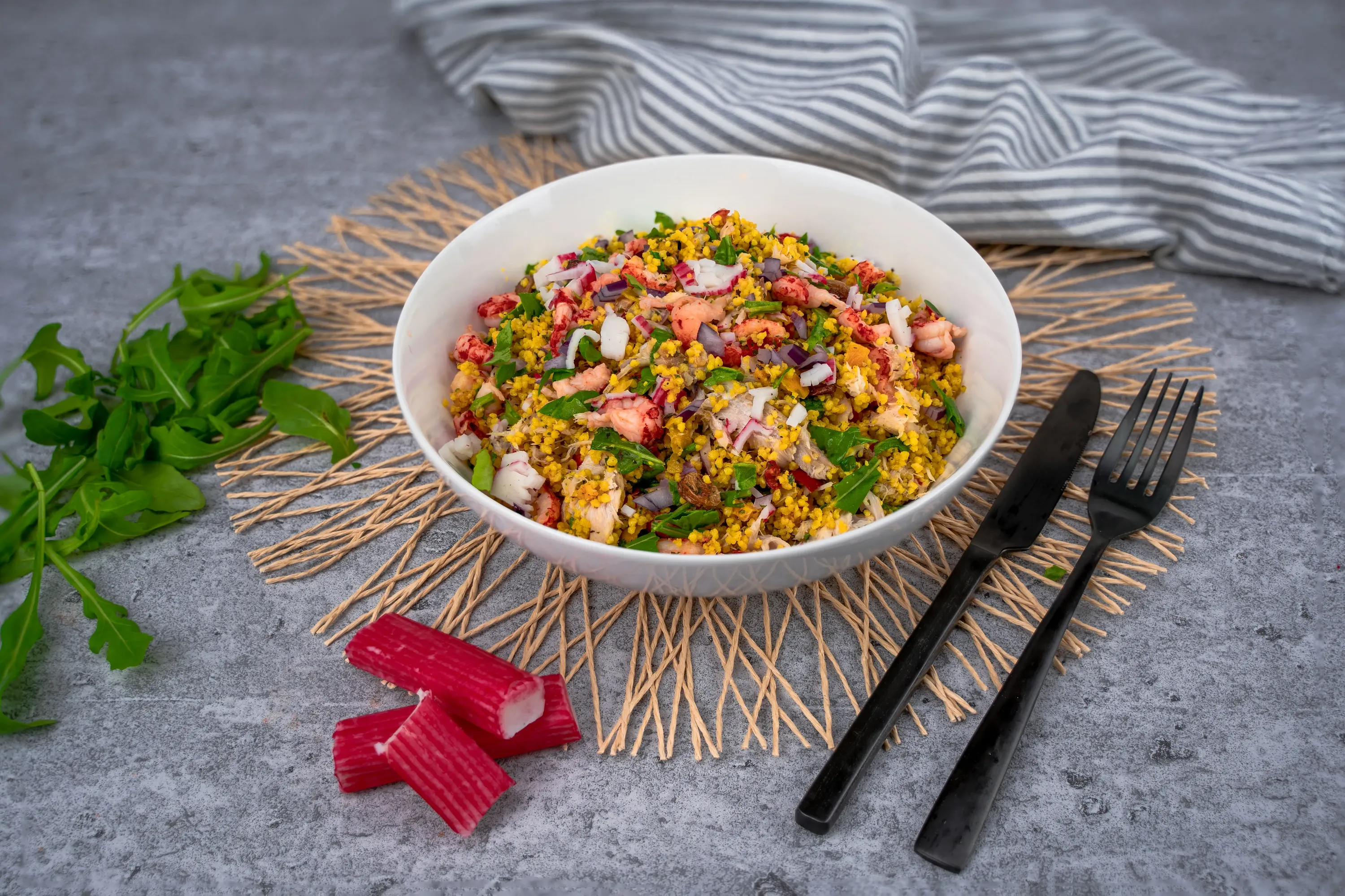 Couscous met makreel, kreeft en krab