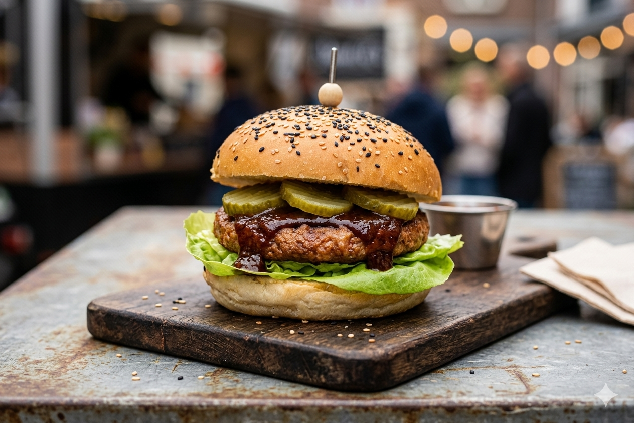 Streetfood insectenburger met BBQ en augurk 