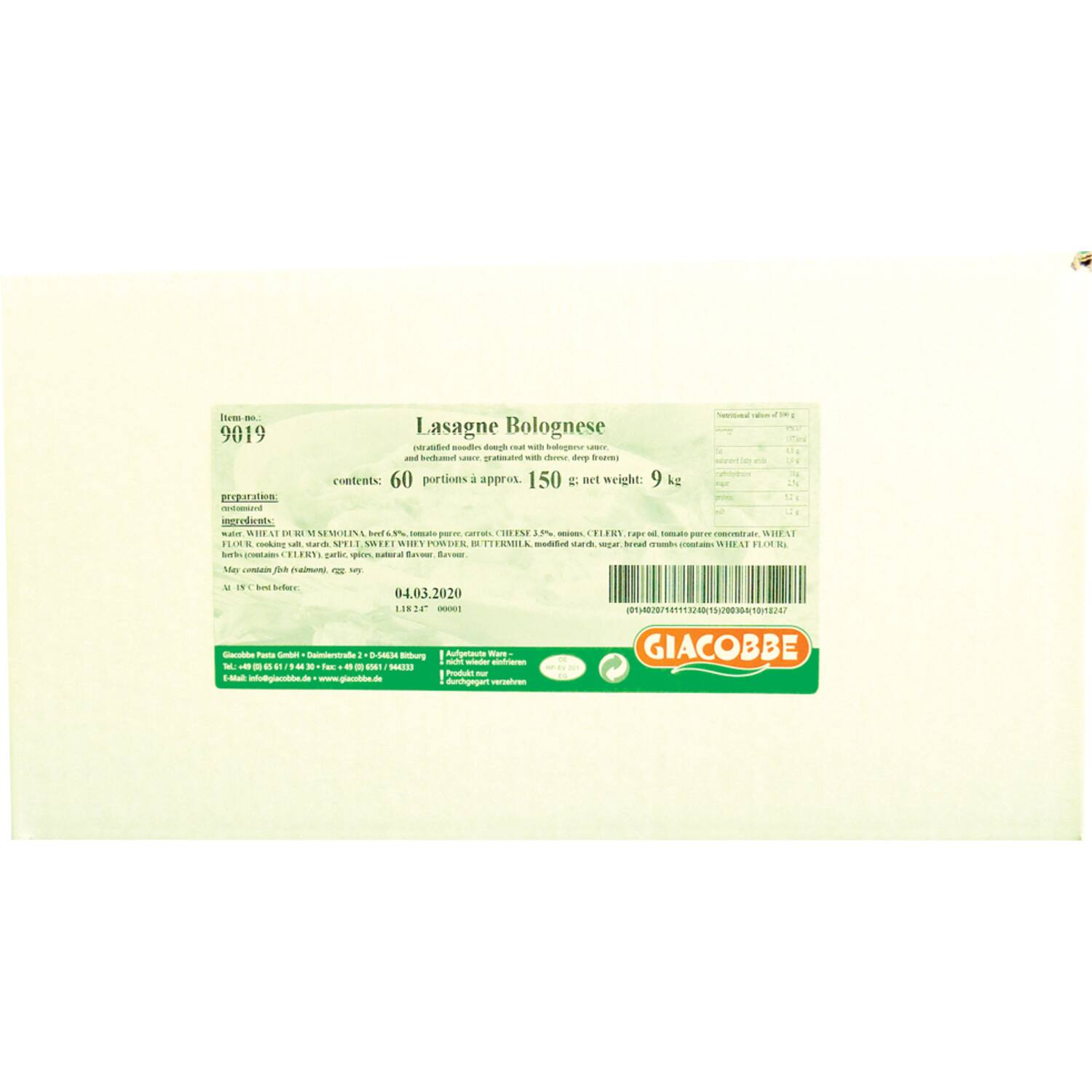 Giacobbe lasagne Bolognese 60x150g